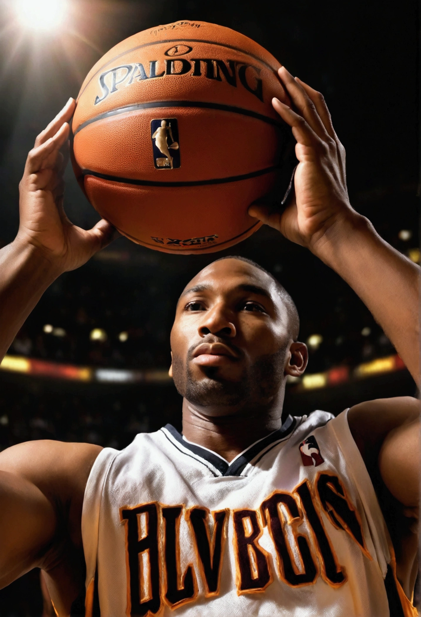 portrait of Kobe Bryant, Kobe Bryant, 35 years old, taken in early 2020s, 1/2 head shot, about 3-5 years old, 1/4 head shot, (38 years old), 36 years old, 38 years old, tall portrait, playing basketball in street, red background, a lot of people watching him, spotlight on him, third person view, hyper realistic, masterpiece, 8k, ultra-detailed, photorealistic, dramatic lighting, volumetric lighting, glowing skin, chiaroscuro, cinematic composition, cinematic mood, moody, dark and gritty, powerful expression, determined look, intense gaze, basketball uniform, sweat, motion blur, dynamic pose