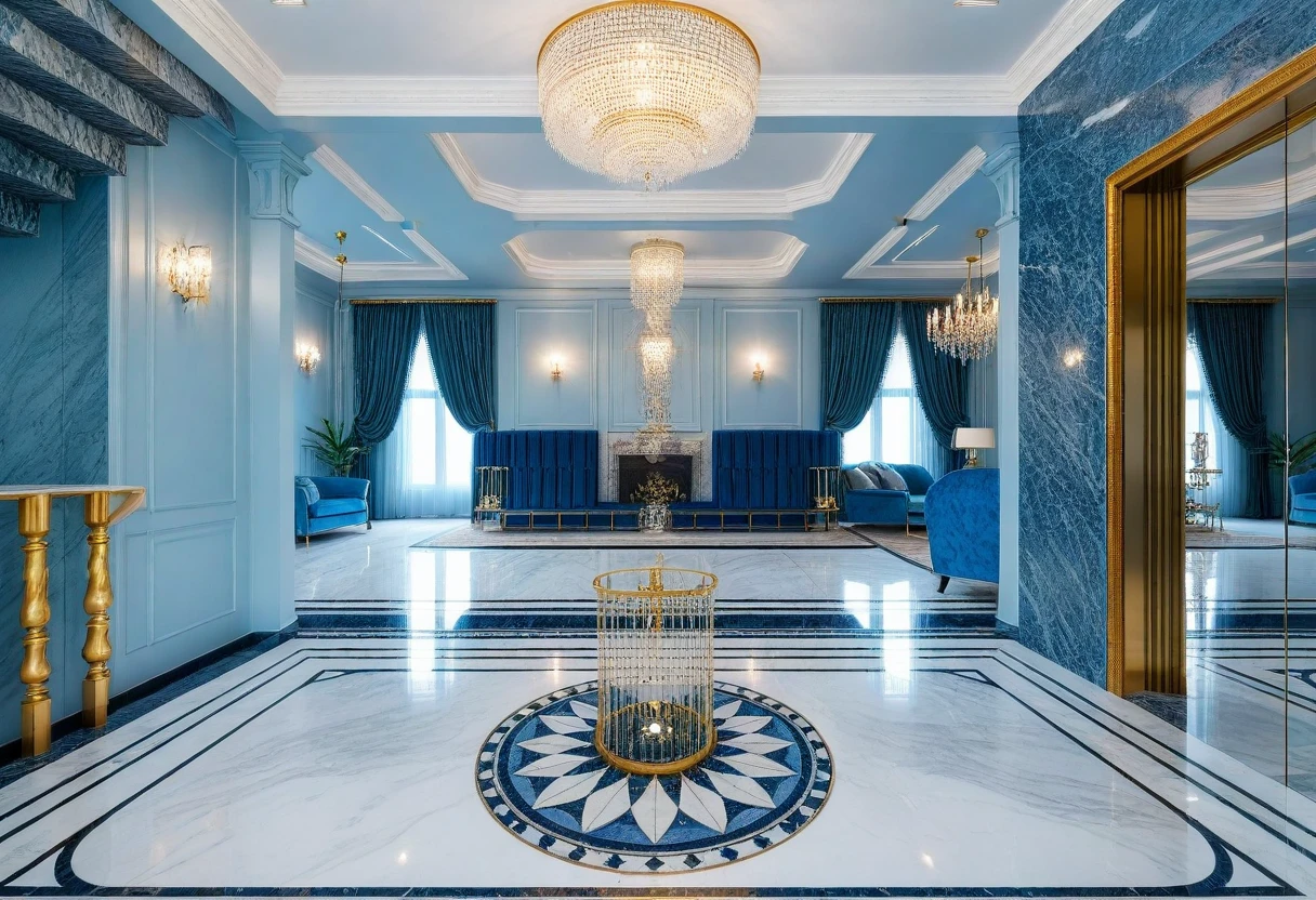 arafed living room with a blue couch and a chandelier, marble room, magnificent design, luxurious environment, interior design, rich azure tones, maximalist sculpted design, fancy apartment, popular interior design style, luxury condo interior, living room interior design, interior design living room, luxury lifestyle, marble floors, modern interior design, tiffany style, white marble interior photograph,