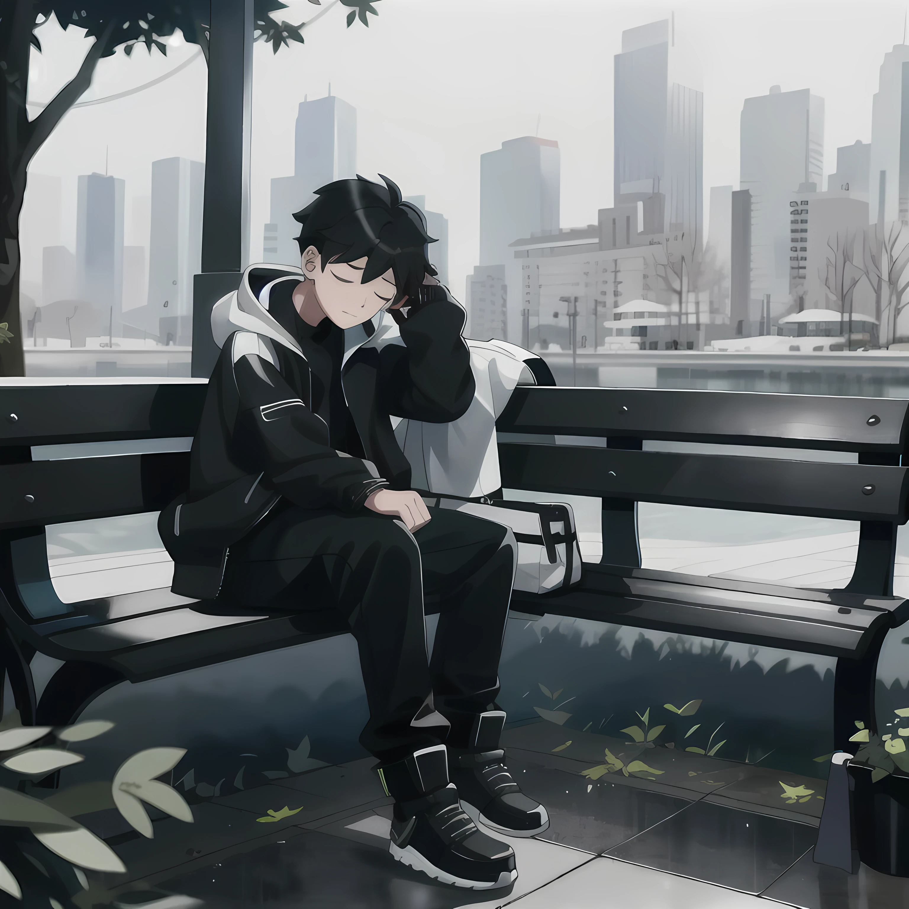 
A boy sits on a bench all alone and listens to music on headphones with his eyes closed., his clothes are all black and his boots are white, and the earphone is also black, the weather was silver and raining
