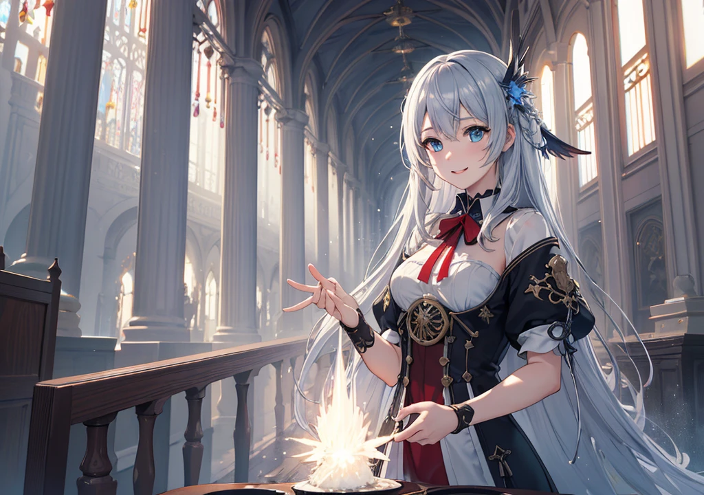 Realistic photos, Focus distance 10mm, Red and white, A big smile, Beautiful girl, Realistic photos, Focus distance 10mmで撮影, masterpiece, 最high quality, high quality, Very detailed CG 8k wallpaper unit, Award-winning photography, Bokeh, Depth of written boundary, High resolution, bloom, chromatic aberration, Realistic, Very detailed, Art Station Trends, CGsociety Trends, Complex, High detail, dramatic, Art on the go, volumetric lighting, Final Fantasy style beautiful girl、Blue Eyes、Long straight silver hair、sacred priest costume、A temple bathed in holy light in the background, steampunk