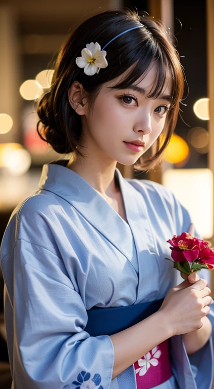 (Tabletop, Highest quality:1.4), Beautiful Face, 8K, 85mm, Absurd, (Floral Yukata:1.4), Face close-up, Violet, Gardenias, Delicate girl, alone, night, View your viewers, Upper Body, Film Grain, chromatic aberration, Sharp focus, Face Light, Professional Lighting, Sophisticated, (smile:0.4), (Simple Background, Bokeh Background:1.2), Detailed aspect,Fireworks festival background