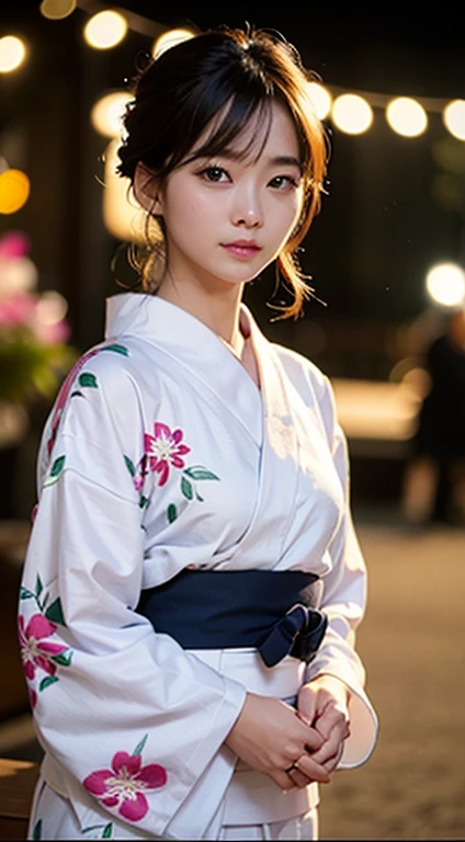 (Tabletop, Highest quality:1.4), Beautiful Face, 8K, 85mm, Absurd, (Floral Yukata:1.4), Face close-up, Violet, Gardenias, Delicate girl, alone, night, View your viewers, Upper Body, Film Grain, chromatic aberration, Sharp focus, Face Light, Professional Lighting, Sophisticated, (smile:0.4), (Simple Background, Bokeh Background:1.2), Detailed aspect,Fireworks festival background
