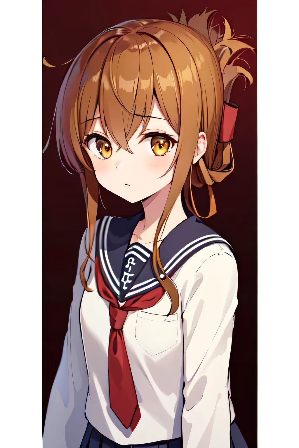 (masterpiece, best quality:1.2),illustration,8k,hd,1girl,solo,upper body,(portrait:1.2),brown_hair,folded_ponytail,brown_eyes,serafuku,long_hair,school_uniform,skirt,pleated_skirt,