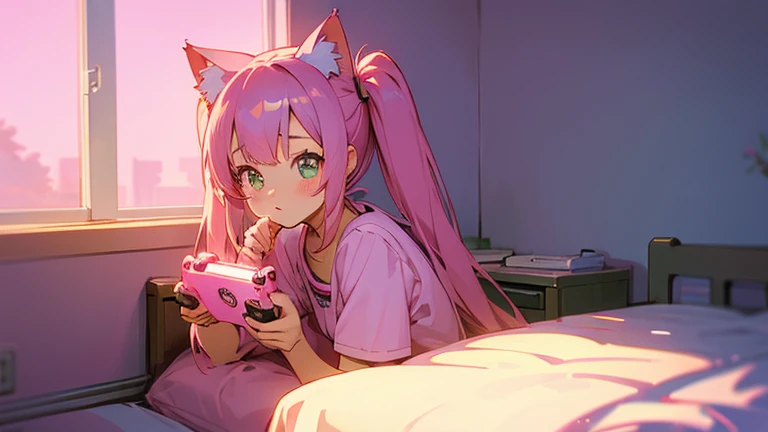 cute anime girl holding a pink video game controller in a room, anime catgirl, cute anime catgirl, anime girl with cat ears, flat anime style, nekomimi, lofi girl, catgirl, anime vibes, soft anime illustration, ddlc, girl with cat ears, anime style. 8k, pink twintail hair and cyan eyes, digital anime illustration, anime room with a pc, a desk, anime background art, background art, anime aesthetic, bedroom background,gaming girls bedroom background, kawaii aesthetic, anime background, lofi girl aesthetic, anime vibes, lofi artstyle, beautiful kawaii lighting, lo-fi illustration style, lofi aesthetic, interior background art, cute detailed digital art, glowing aesthetic