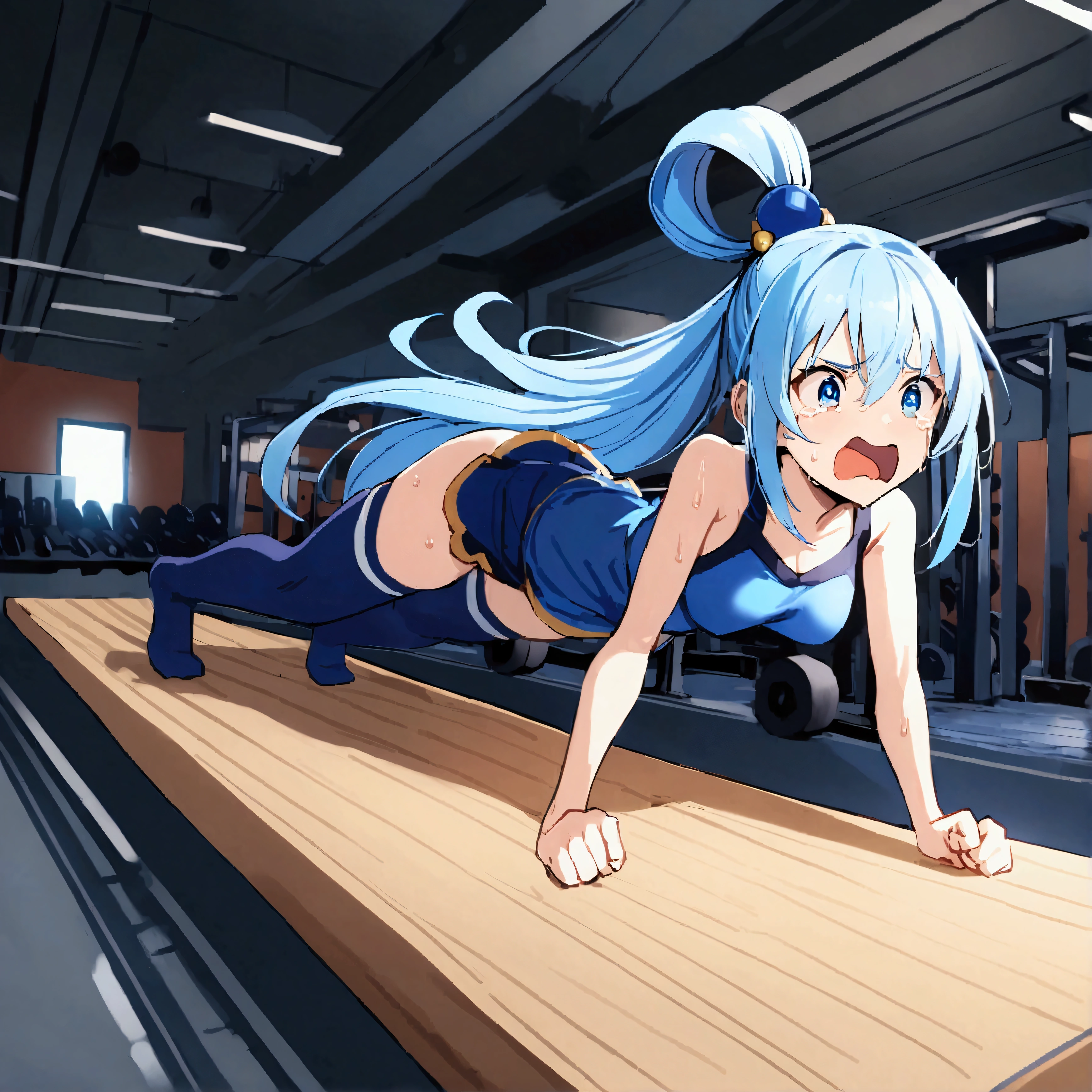 1girl, planking, exercise, clenched hands,sweat, (full body:1.3), gym, (planking:1.4), exercise, clenched hands, aqua /(konosuba/), long hair, blue eyes, hair ornament, very long hair, blue hair, hair rings, single hair ring. blue skirt, blue shirt, thighhighs, bare shoulders, detached sleeves, white thighhighs, green bow,blue boots, aquascreaming, screaming, open mouth, crying with eyes open