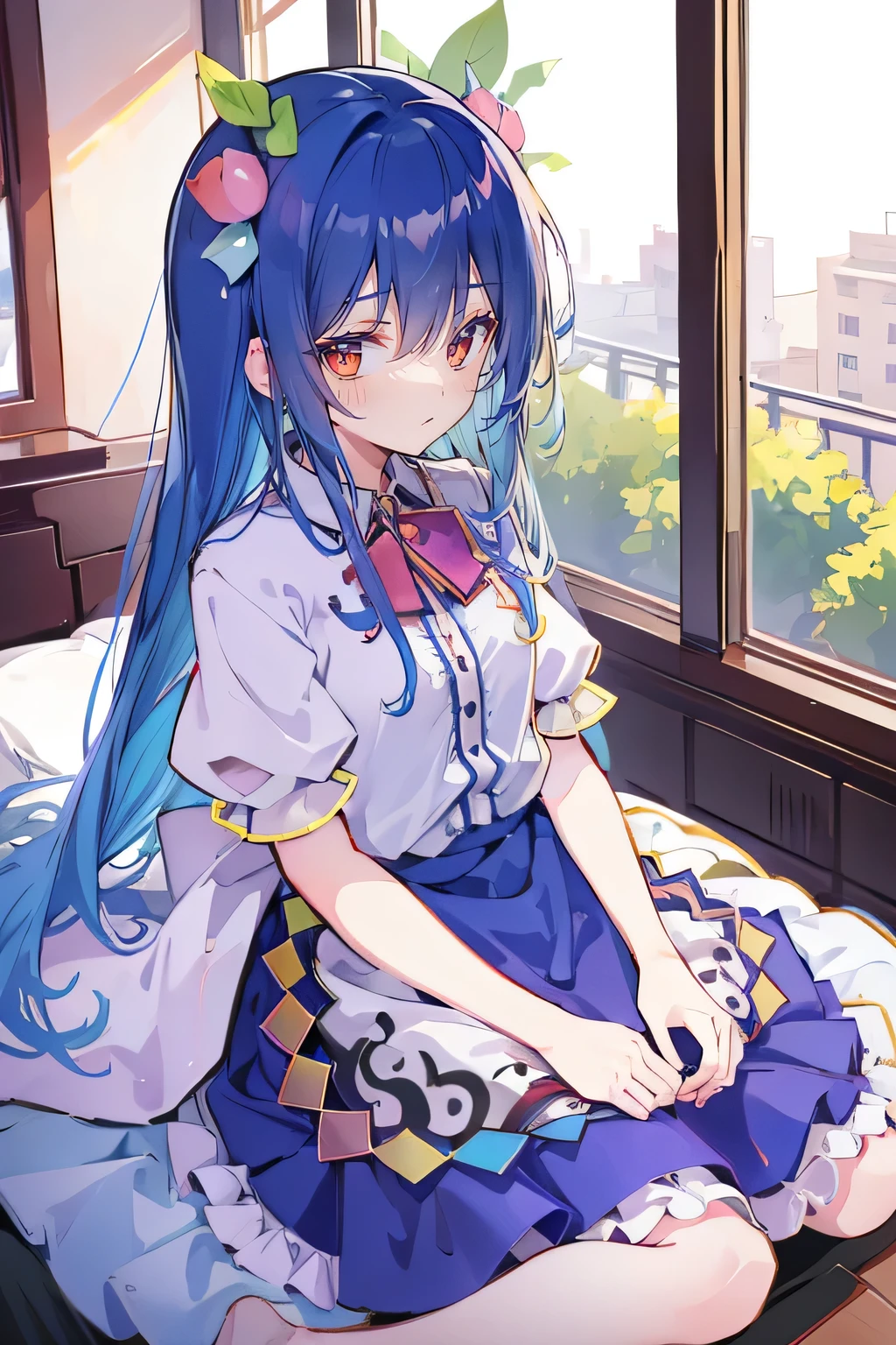 anime girl sitting on the windowsill drinking coffee,looking out the window,(anime girl),Anime cute art style,seductive anime girl,beautiful anime high school,Cute girl anime visuals,best girls in anime,Young long dark blue anime girl with long dark blue hair sitting by the window,sunny