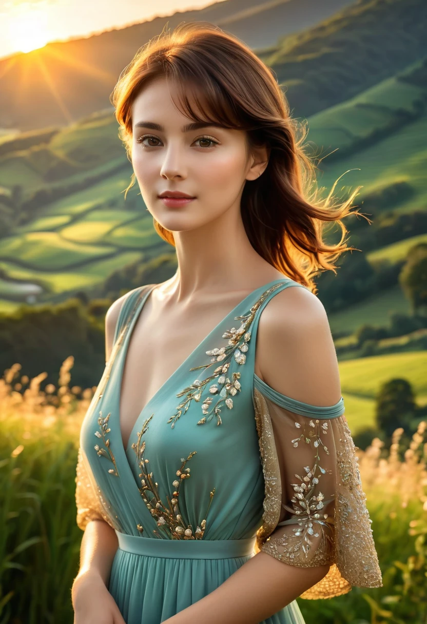 beautiful woman with short brown hair, 25 years old, in a beautiful landscape, realistic, highly detailed, 8k, photo-realistic, masterpiece, professional, cinematic lighting, vivid colors, dramatic pose, elegant, serene expression, intricate details, lush greenery, rolling hills, sunset sky, golden hour, detailed skin texture, flowing dress, soft bokeh background