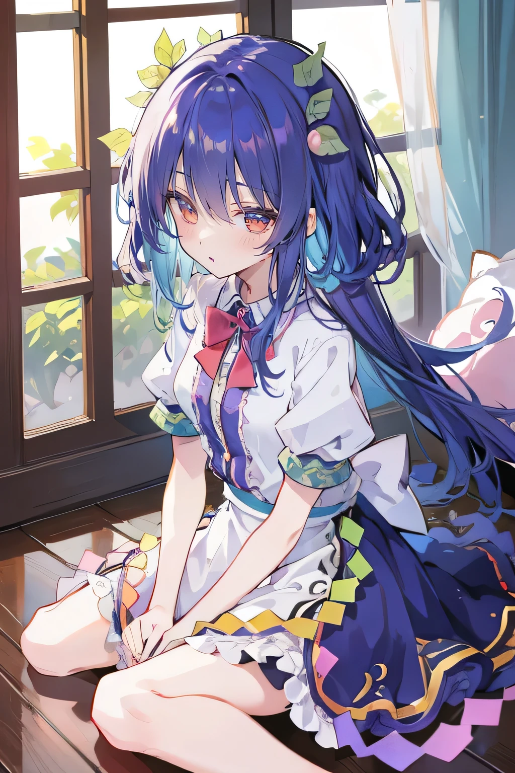 anime girl sitting on the windowsill drinking coffee,looking out the window,(anime girl),Anime cute art style,seductive anime girl,beautiful anime high school,Cute girl anime visuals,best girls in anime,Young long dark blue anime girl with long dark blue hair sitting by the window,sunny