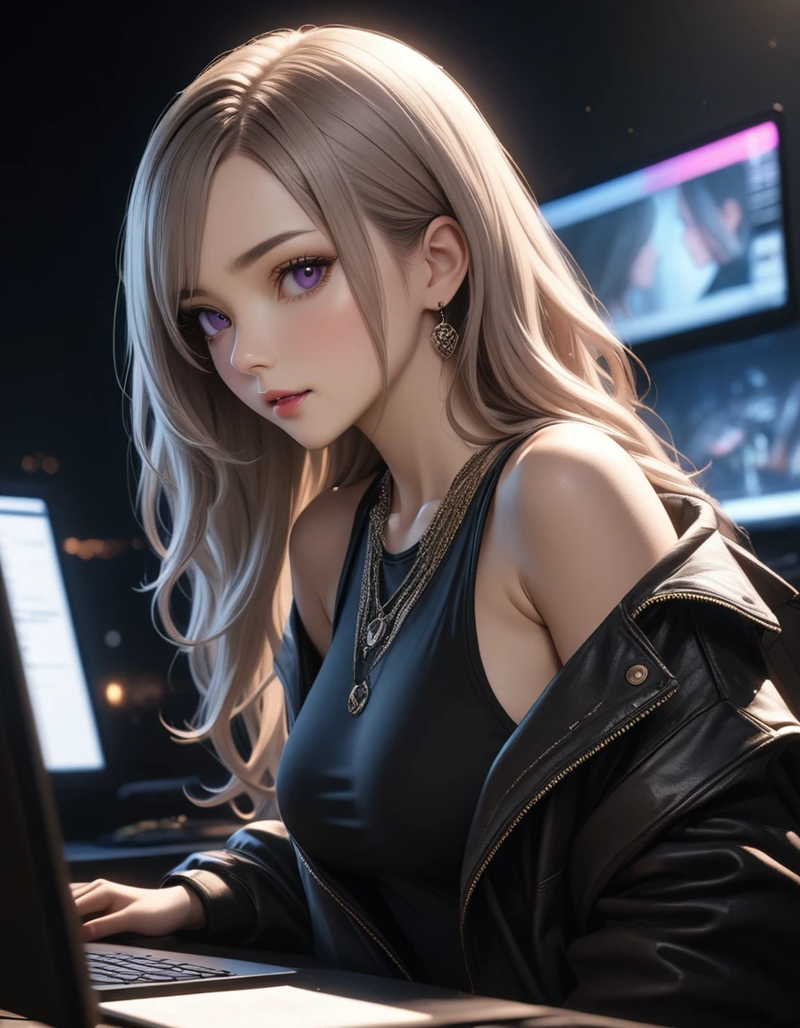 best quality, masterpiece, high resolution, A girl, platinum hair, purple eyes, fashion clothing, necklace, jewelry, Pretty Face, Perfect breasts, more than_Body, Tyndall effect, lifelike, Dark Studio, Side lighting, Two-color lighting, (HD Skin:1.2), 8k , Soft Light, high quality, Volumetric Lighting, frank, high resolution, 8k, Bokeh,hort depth of field, hacker female, computer, size 2048×1136.