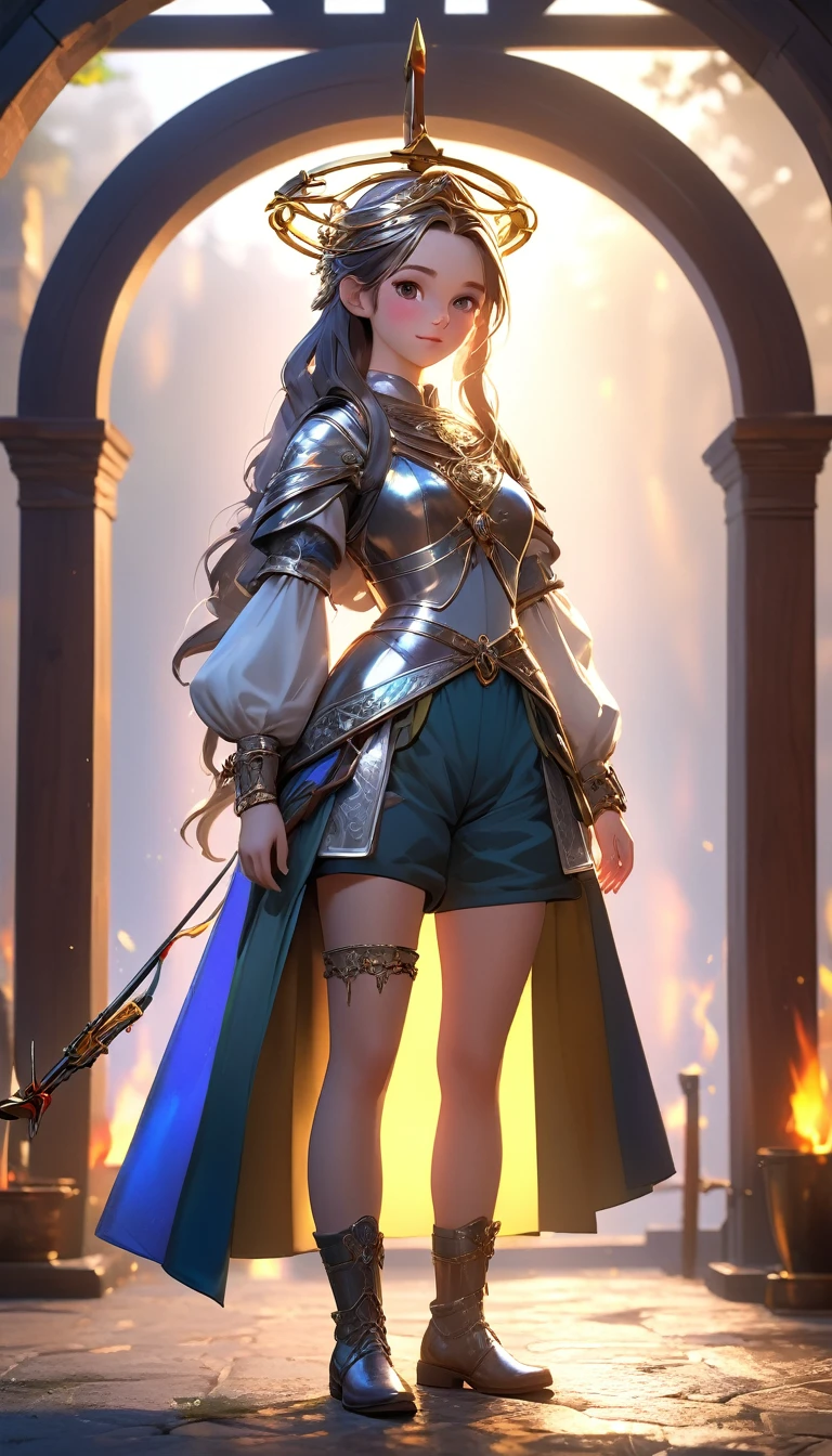 (8 k, Photos in RAW format, top quality, masterpiece: 1.2), (high quality), ray tracing, HDR, (high detail), (face detail), (Shadow details), (Expanded), 3d, 3D rendering, 1 girl, One, masterpiece, Best quality, high quality, A high resolution, 4K, Looking at the viewer, rainbow medieval girl, concept, halo overhead, full length, standing on my feet, shorts, silver bracelets, dressed, ( fire crossbow in bows )