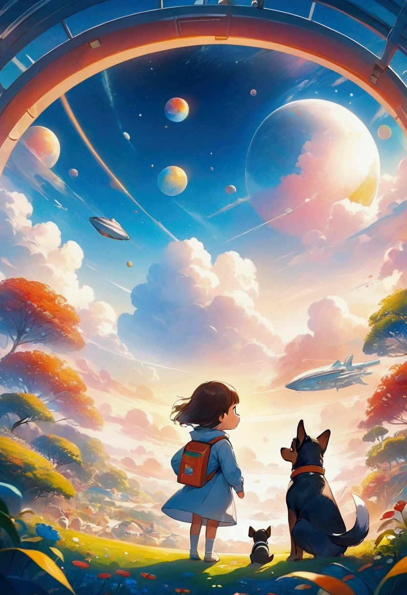 Dog and girl, cartoon illustration, Children's book illustrations, Pet animals, Single boy concept art, Cartoon Art, Futuristic, Anime Style, 4K, uhd, high quality, High resolution, 最high quality, Award-winning, uhd, masterpiece