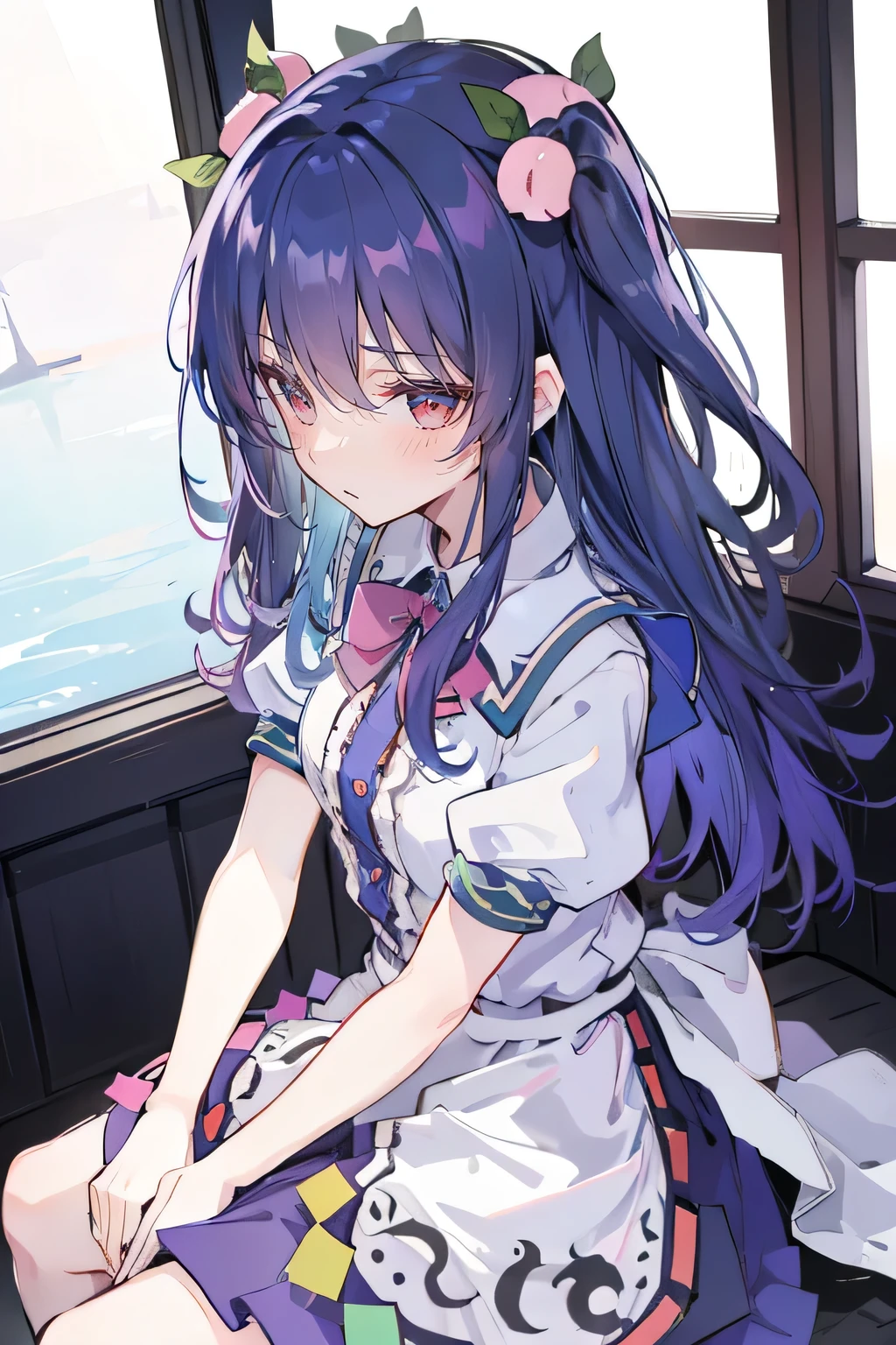 anime girl sitting on the windowsill drinking coffee,looking out the window,(anime girl),Anime cute art style,seductive anime girl,beautiful anime high school,Cute girl anime visuals,best girls in anime,Young long dark blue anime girl with long dark blue hair sitting by the window,sunny