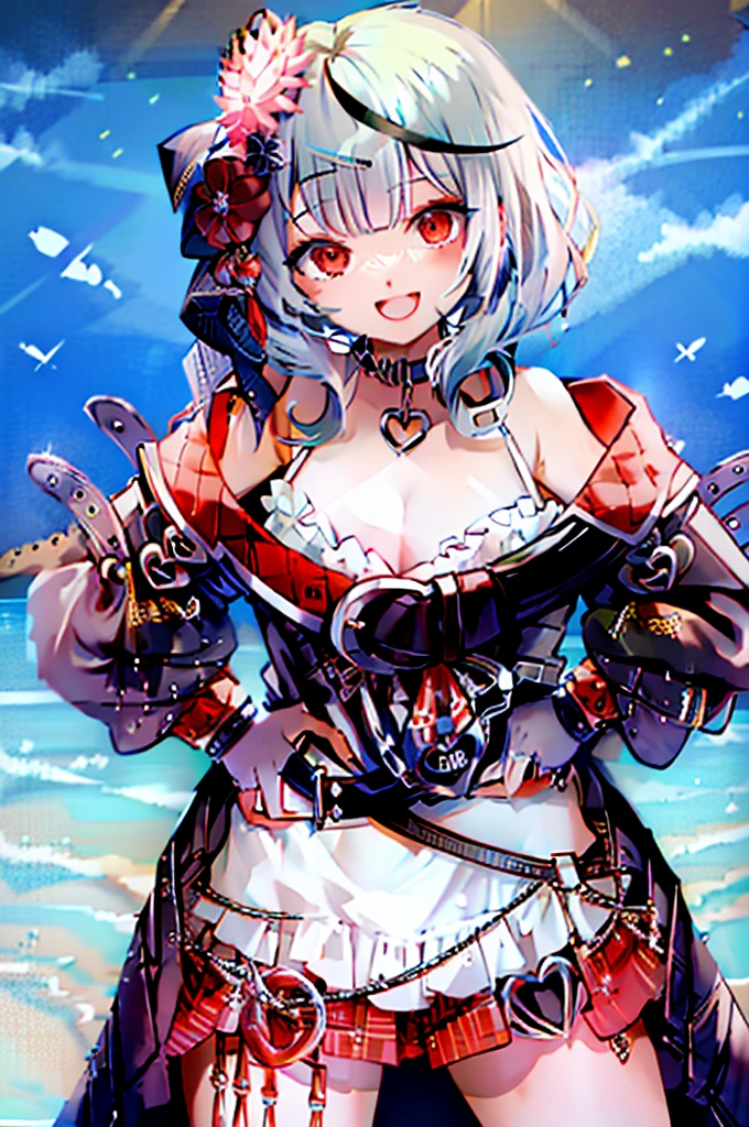 8K、4K、Hololive、Sand Flower and Crocodile、1 person、solo、gloves、tooth、Food、Look at the viewer、smile、Foodを上げ、Off the shoulder、肌のtooth、blush、Hands on hips、Open your mouth、:d、Open clothes、Cowboy Shot、のFood、shirt、Pleated skirt、Open jacket、Long sleeve、mini skirt、Ocean、Beach、background、null、night、star、masterpiece、High resolution、High definition、