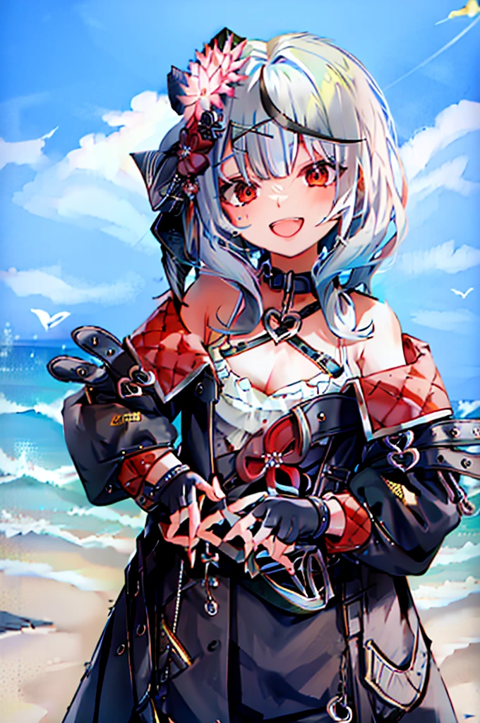 8K、4K、Hololive、Sand Flower and Crocodile、1 person、solo、gloves、tooth、Food、Look at the viewer、smile、Foodを上げ、Off the shoulder、肌のtooth、blush、Hands on hips、Open your mouth、:d、Open clothes、Cowboy Shot、のFood、shirt、Pleated skirt、Open jacket、Long sleeve、mini skirt、Ocean、Beach、background、null、night、star、masterpiece、High resolution、High definition、