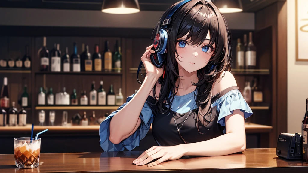 ((UHD, super detail, best quality, highres)),black hair, hair over shoulder, medium hair, blue eyes, (headphones), anime, anime style, (Relax with a drink at the bar counter)