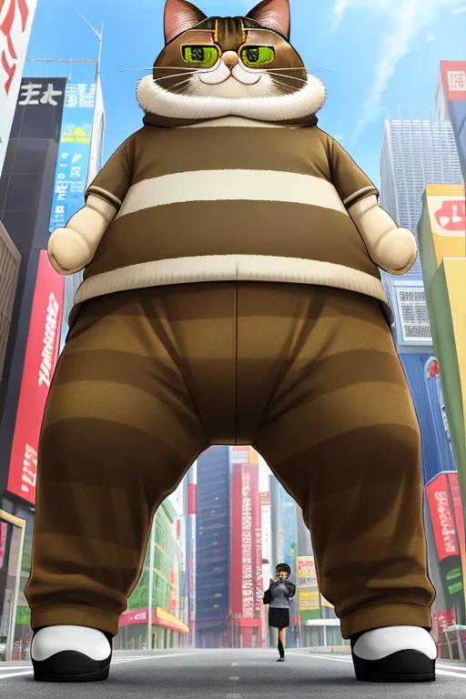 A brown tabby cat standing in Akihabara、Wear glasses、Obese cat、