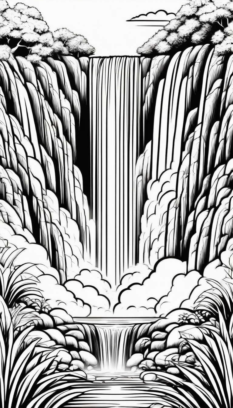 Unicon, adult, Fantasy,, ดวงตาNo color, Coloring pages for kids, be happy, Standing in the heavenly waterfall garden, Behind is a cloud., rainbow, vector art, simple, 2D vector, black lines white background, For beginners, Vector illustration, Pencil strokes, No color, drawing coloring, white background, Pixar style, black and white, component 2 out of 4 parts