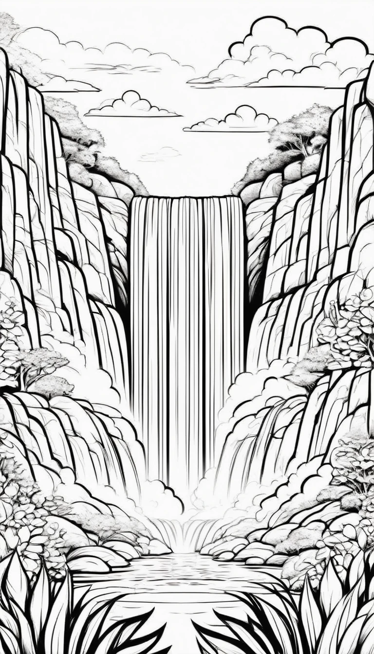 Unicon, adult, Fantasy,, ดวงตาNo color, Coloring pages for kids, be happy, Standing in the heavenly waterfall garden, Behind is a cloud., rainbow, vector art, simple, 2D vector, black lines white background, For beginners, Vector illustration, Pencil strokes, No color, drawing coloring, white background, Pixar style, black and white, component 2 out of 4 parts