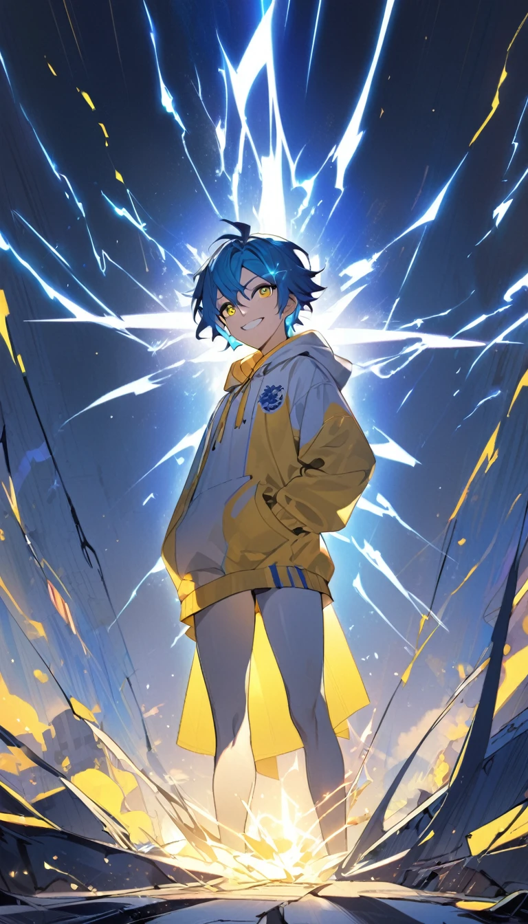 1Boy,yellow and blue hair,yellow and blue eyes,,white open school blazer with logo,yellow hoodie inside,bright smile, blue lightning, standing ,