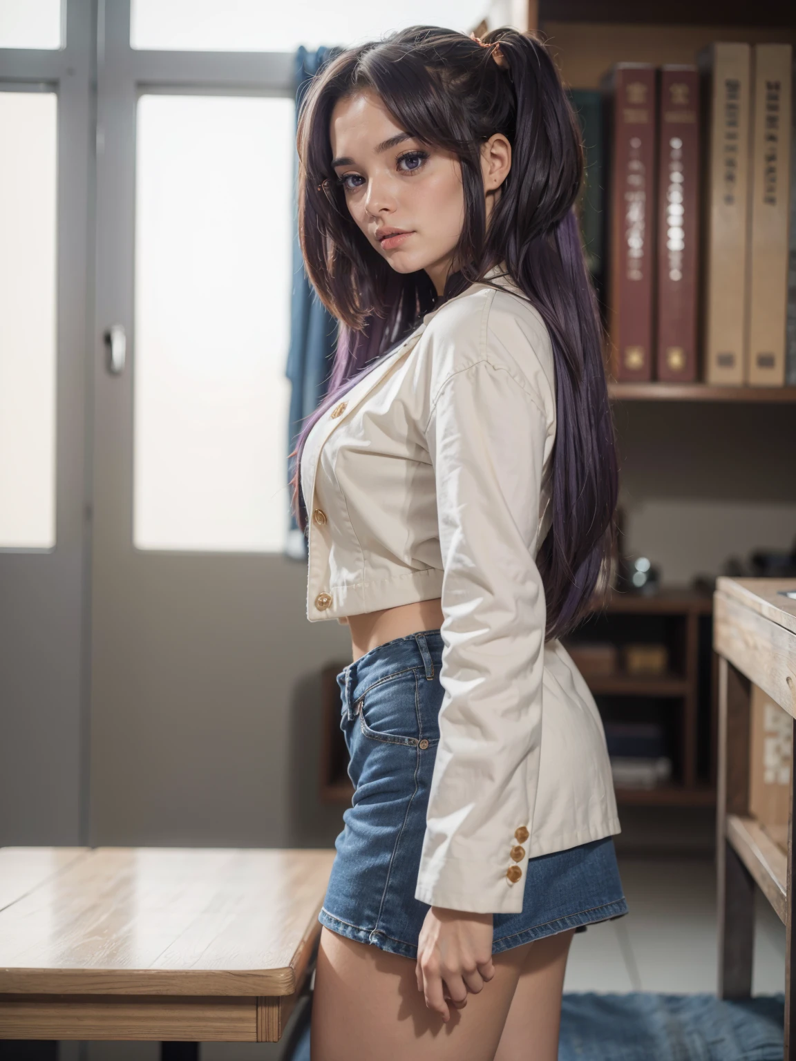 uma jovem de cabelo castanho , vestido azul inserindo uma chave num livro