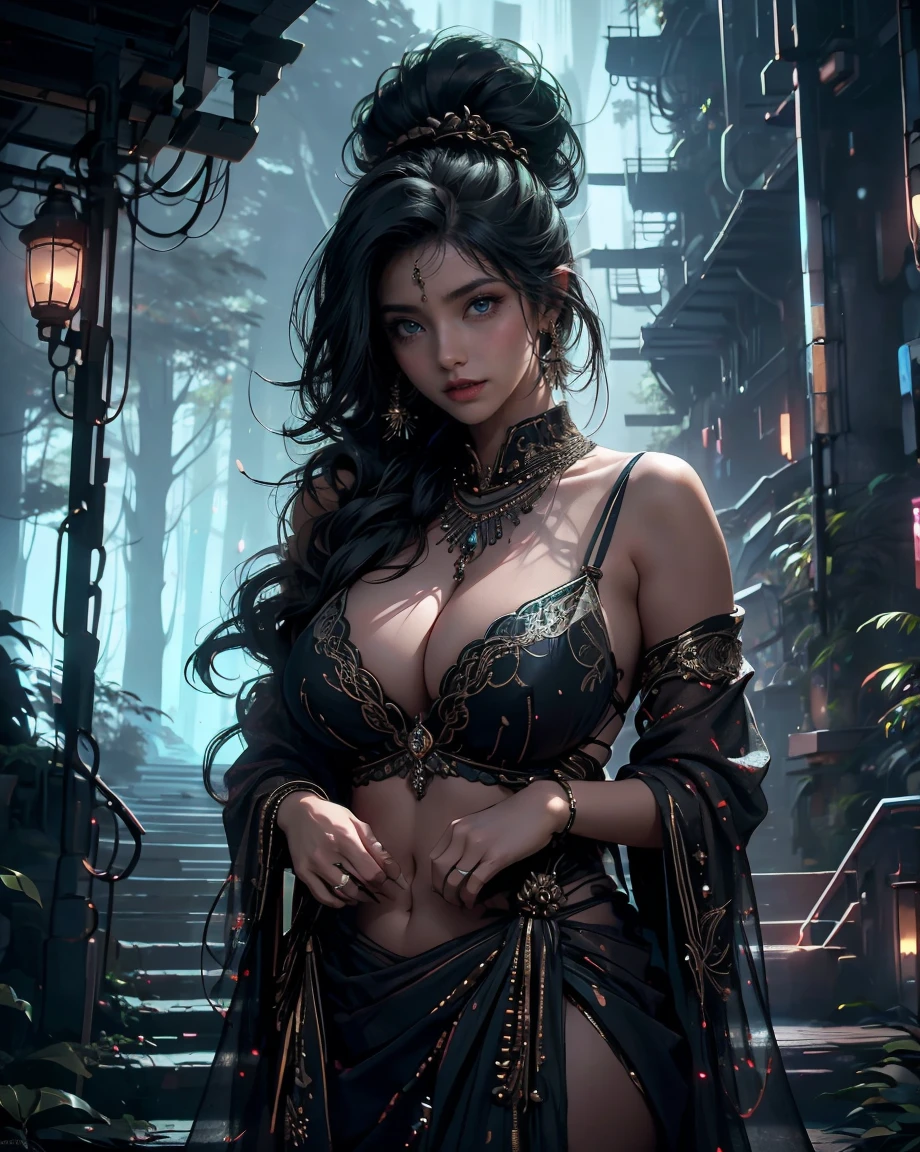 a woman in a saree posing for the camera, provocative indian, indian super model, indian goddess, really large bosum, indian girl with brown skin, very large bosum, of indian princess, desi, wearing sari, large bosum, hindu, attractive feminine curves, sexy girl with dark complexion, style of beautiful body, voluptuous and arousing, huge breasts, cleavage, sexy navel, smily face, smile on face, forest at night, closeup shot of woman, closeup shot, sexy pose, sexy avtar,avatar landscape, fantasy art landscape, dream scenery art, closeup shot of woman, magical forest backround, digital fantasy art, fantasy and dreams vibes, sweet night ambient, mystical fantasy landscape, night forest background, night forest,