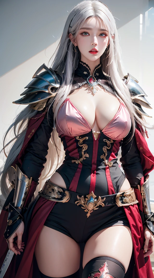 realisticlying, A high resolution, a 1 woman, shiny skins, Alone, jewely, redish pink lips, Long white hair, eBlue eyes, Keep your mouth shut, hip-up, Fantasy armor, holding a sword, Wearing heavy armor