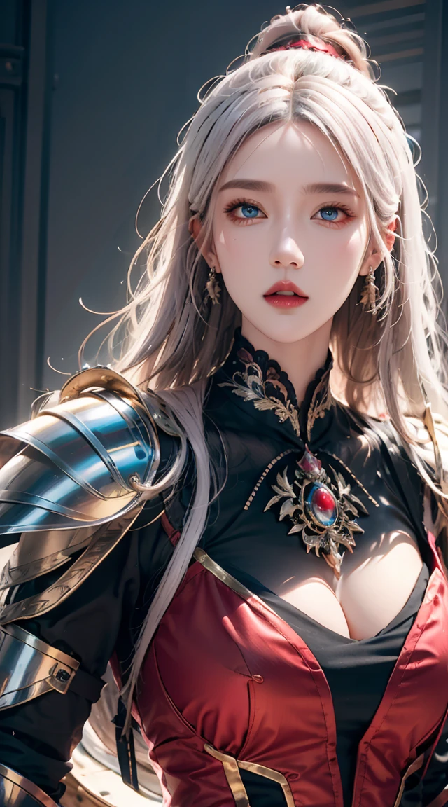 realisticlying, A high resolution, a 1 woman, shiny skins, Alone, jewely, redish pink lips, Long white hair, eBlue eyes, Keep your mouth shut, hip-up, Fantasy armor, holding a sword, Wearing heavy armor