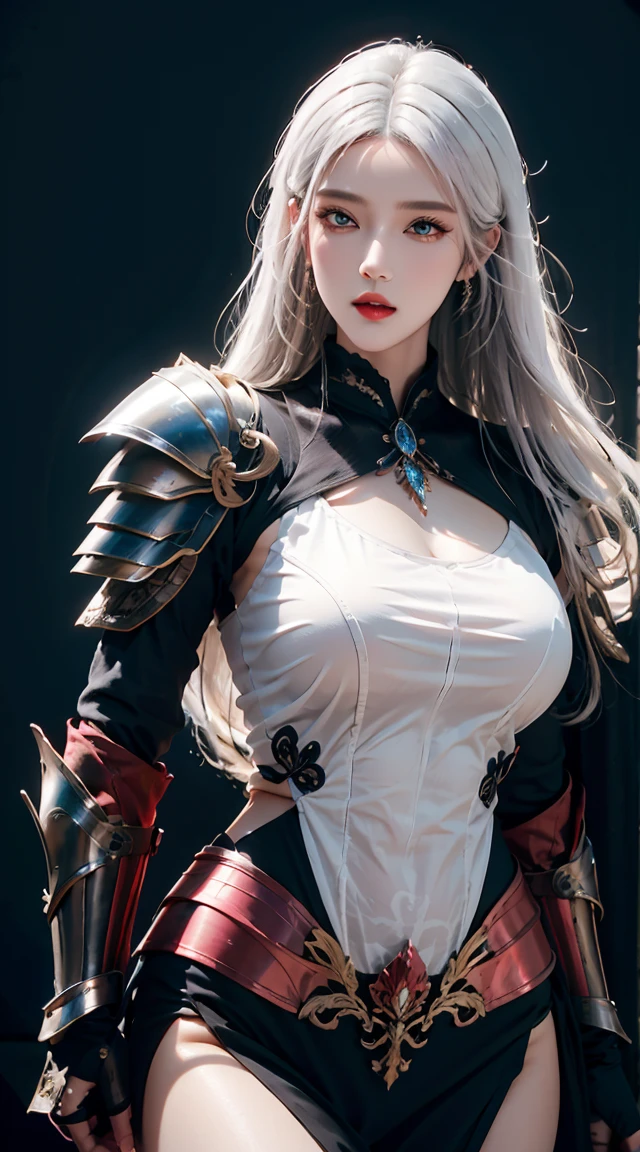 realisticlying, A high resolution, a 1 woman, shiny skins, Alone, jewely, redish pink lips, Long white hair, eBlue eyes, Keep your mouth shut, hip-up, Fantasy armor, holding a sword, Wearing heavy armor