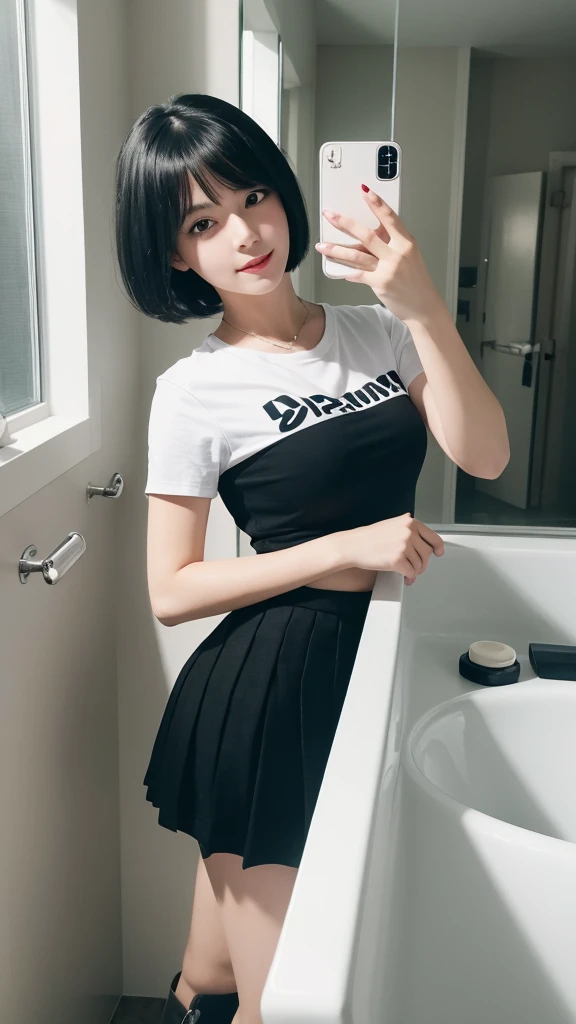 Selfie,Black Hair,short hair,White T-shirt,Cute Skirt,Black boots,Bathroom,Ultra HD,masterpiece,super high quality,Ultra-high resolution,Highest quality,Advanced,Highest quality,Highest Resolution,high quality,beautiful,beautiful,High quality,Realな質感,Real,8K,Detailed,