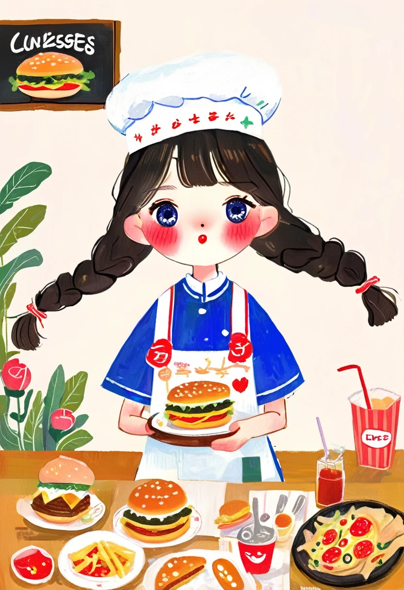 Fast food restaurants、young female clerk、Beautiful and detailed eyes、Beautiful and detailed lips、Extremely detailed eyes and face、Long eyelashes、Waitress Uniform、Clean apron、A friendly expression、J_drawing、Children's Illustration Style