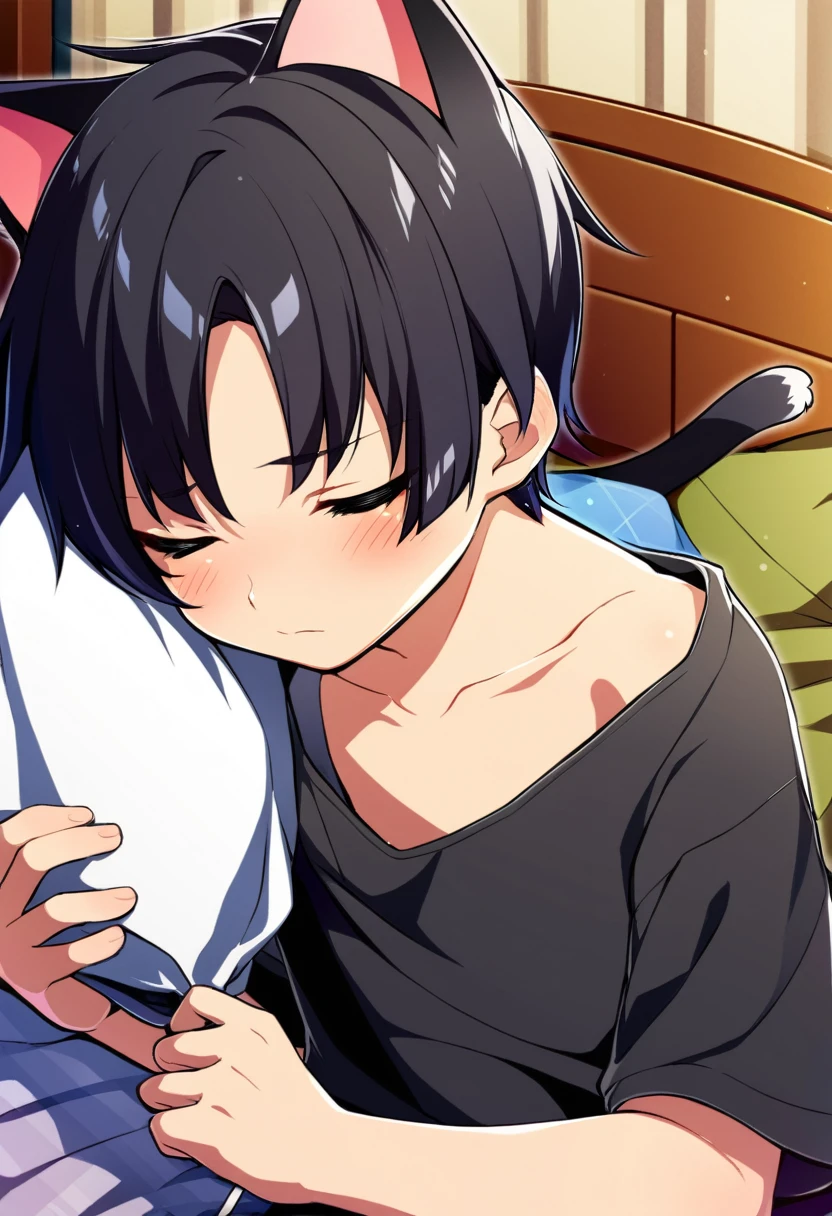 one boy, cat ears, black hair, naive, , off shoulder, short hair, cool, shota, cute, sleepy