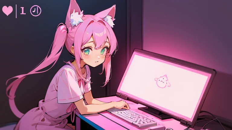 cute anime girl holding a pink video game controller in a room, anime catgirl, cute anime catgirl, anime girl with cat ears, flat anime style, nekomimi, lofi girl, catgirl, anime vibes, soft anime illustration, ddlc, girl with cat ears, anime style. 8k, pink twintail hair and cyan eyes, digital anime illustration, anime room with a pink personal computer, a desk, anime background art, background art, anime aesthetic, personal bedroom background,gaming girls bedroom background,  kawaii aesthetic, anime background, lofi girl aesthetic, anime vibes, lofi artstyle, beautiful kawaii lighting, lo-fi illustration style, lofi aesthetic, interior background art, cute detailed digital art, glowing aesthetic