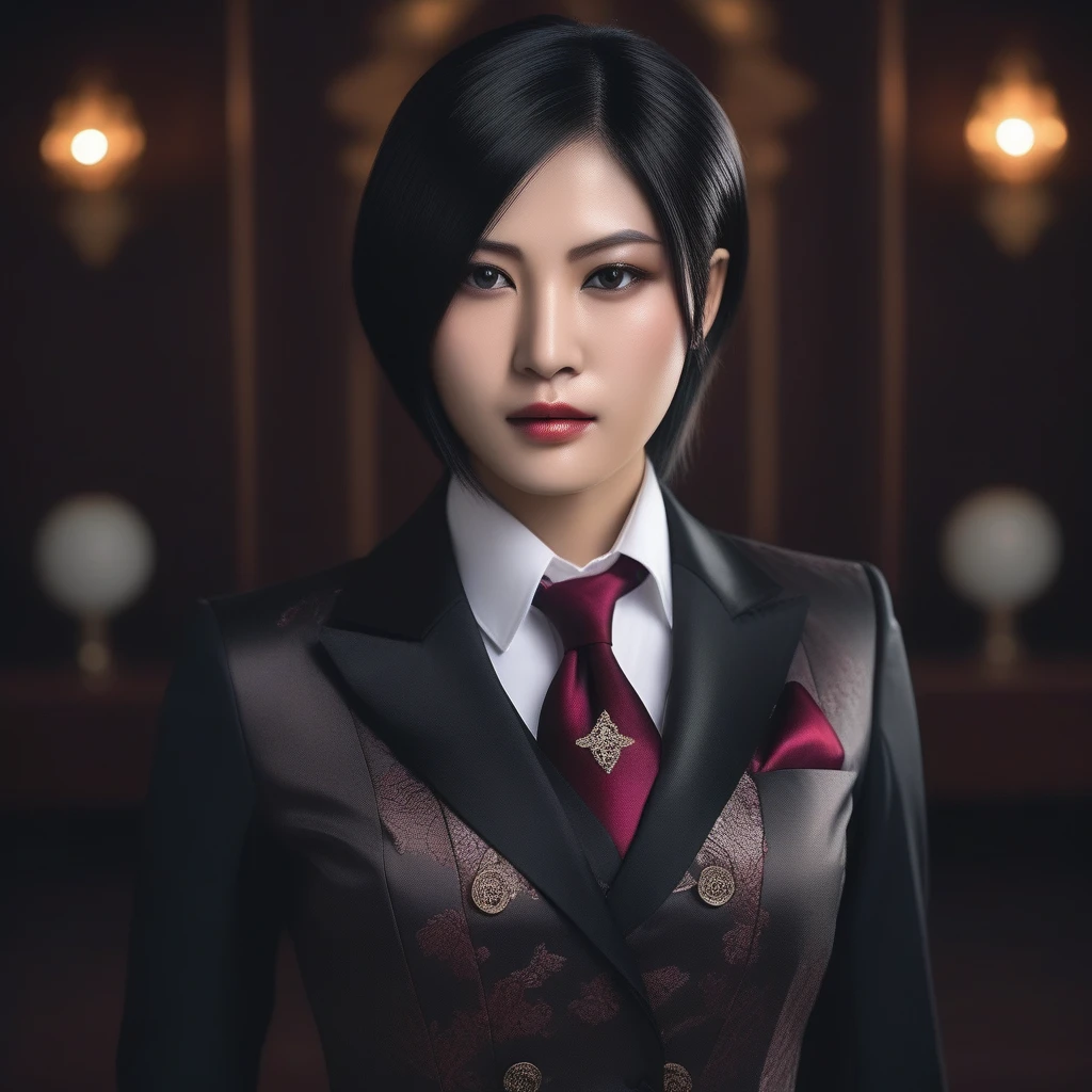 Ultra-realistic extremely detailed real life 8k masterpiece of a gorgeous asian woman, re ada wong, (((skirt suit))), (((three-piece suit))), (((dress shirt))), (((necktie))), (((blazer))), (((black lapel))), (((suit jacket))), ((waistcoat)), double-breasted waistcoat, (((bodycon miniskirt))), pocket square, cufflinks, tie clip , tailored suit,, extremely detailed facial features, dark scary epic lighting, horror composition