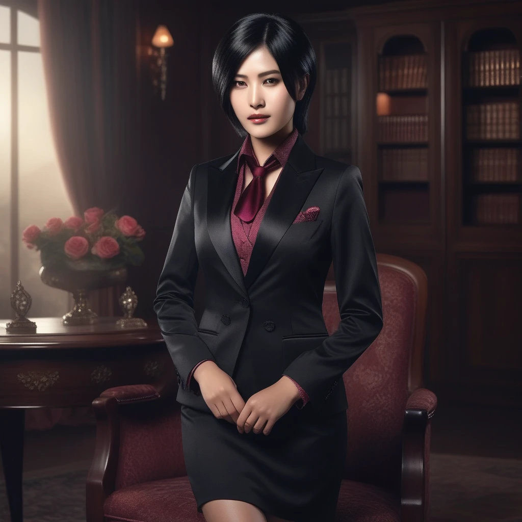 Ultra-realistic extremely detailed real life 8k masterpiece of a gorgeous asian woman, re ada wong, (((skirt suit))), (((three-piece suit))), (((dress shirt))), (((necktie))), (((blazer))), (((black lapel))), (((suit jacket))), ((waistcoat)), double-breasted waistcoat, (((bodycon miniskirt))), pocket square, cufflinks, tie clip , tailored suit,, extremely detailed facial features, dark scary epic lighting, horror composition