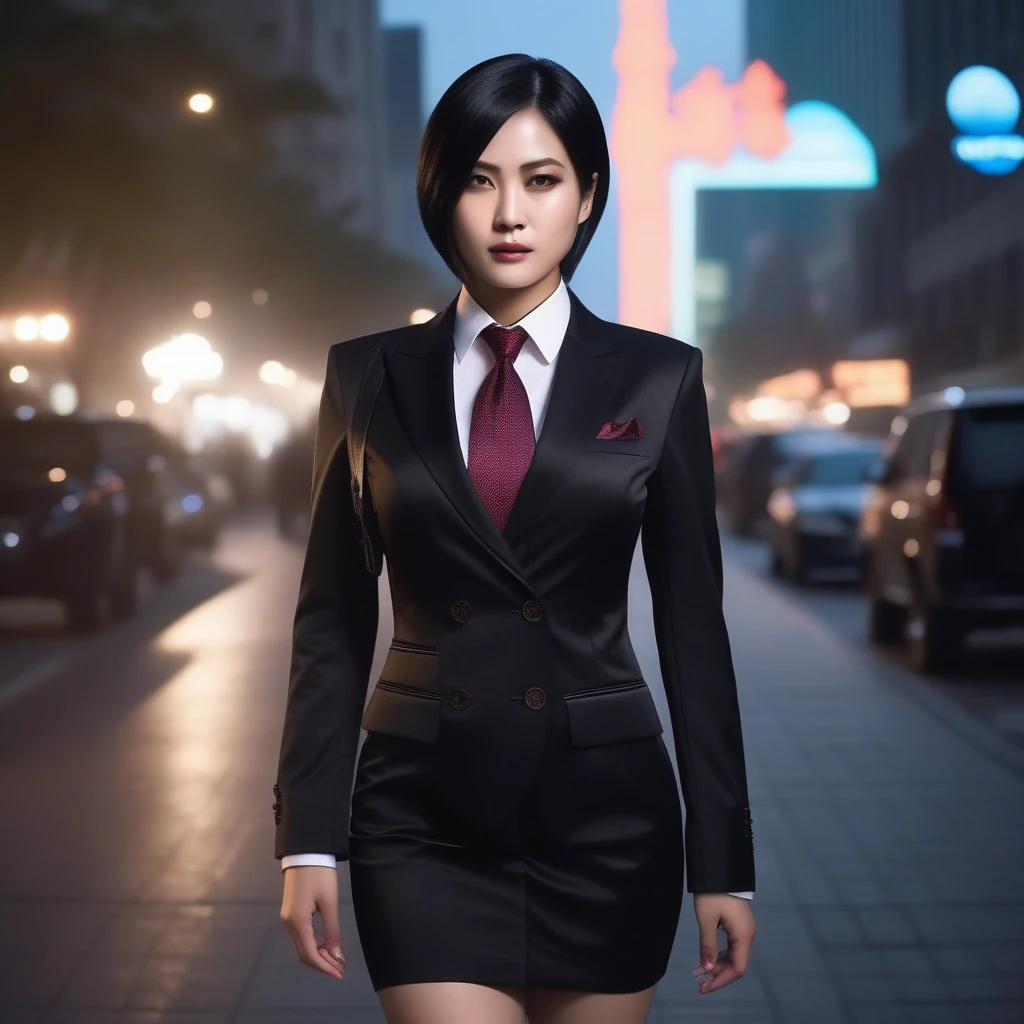 Ultra-realistic extremely detailed real life 8k masterpiece of a gorgeous asian woman, re ada wong, (((skirt suit))), (((three-piece suit))), (((dress shirt))), (((necktie))), (((blazer))), (((black lapel))), (((suit jacket))), ((waistcoat)), double-breasted waistcoat, (((bodycon miniskirt))), pocket square, cufflinks, tie clip , tailored suit,, extremely detailed facial features, dark scary epic lighting, horror composition