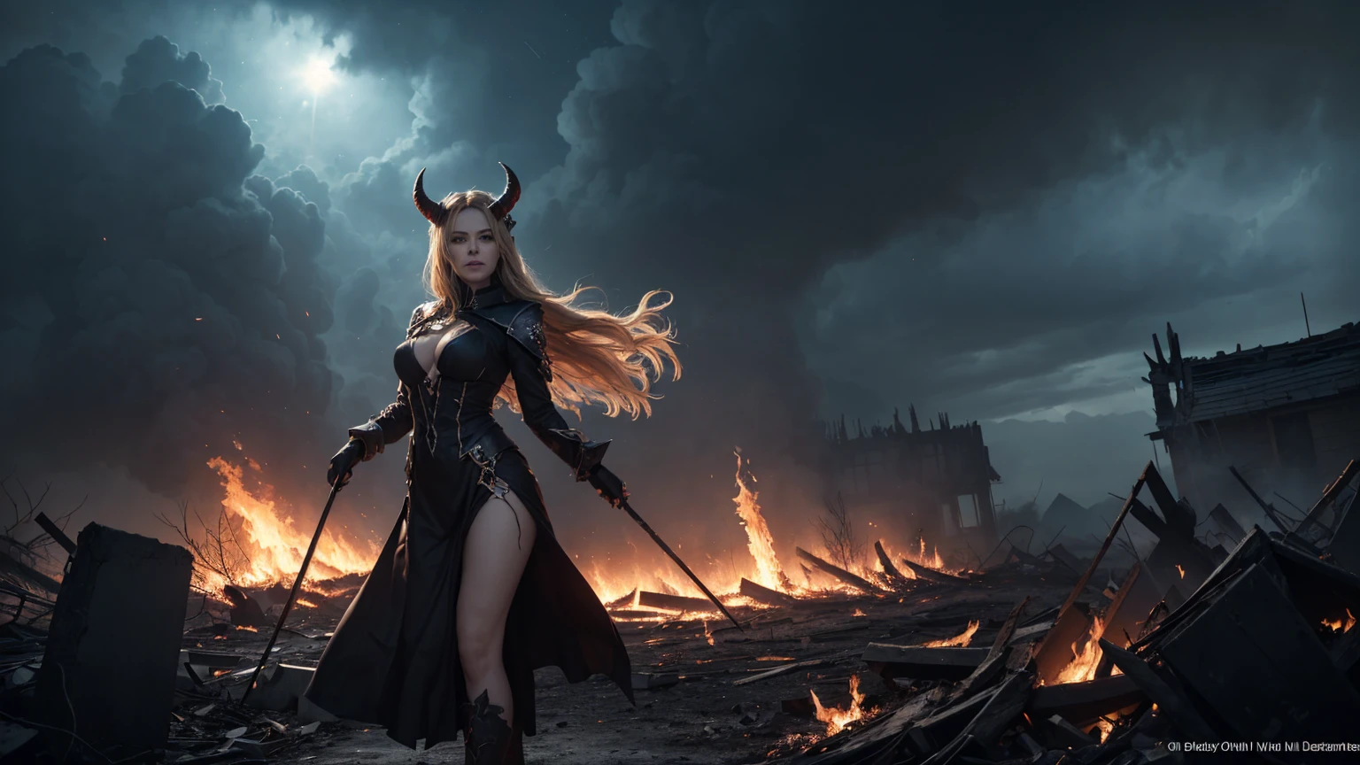 (beautiful blond succubus), (demon horns), (well-defined eyes, high resolution, ultra detailed large breasts, Immortal temptation takes over my mind Condemned Fallen weak on my knees, summon the strength Of mayhem I am the storm that is approaching Provoking black clouds in isolation I am reclaimer of my name Born in flames, I have been blessed My family crest is a demon of death Forsakened, I am awakened A phoenix's ash in dark divine Descending misery Destiny chasing time Inherit the nightmare, surrounded by fate Can't run away Keep walking the line between the light Led astray Through vacant halls I won't surrend 5r The truth rev 5aled in eyes of ember We fight through fire and ice forever Two souls once lost, and now they remember I am the storm that is approaching Provoking black clouds and isolation I am reclaimer of my name Born in flames, I have been blessed My family crest is a demon of death Forsakened, I am awakened A phoenix's ash in dark divine Descending misery Destiny chasing time Disappear into the night Lost shadows left behind Obsession's pulling me Fading, I've come to take what's mine Lurking in the shadows under veil of night Constellations of blood pirouette Dancing through the graves of those who stand at my feet Dreams of the black throne I keep on repeat A derelict of darkness, summoned from the ashes The puppetmaster congregates all the masses Pulling strings, twisting minds as blades hit You want this power? Then come try and take it Beyond the tree Fire burns Secret love Bloodline yearns Dark minds embrace Crimson joy Does your dim heart Heal or destroy? Bury the light deep within Cast aside, there's no coming home We're burning chaos in the wind Drifting in the ocean all alone