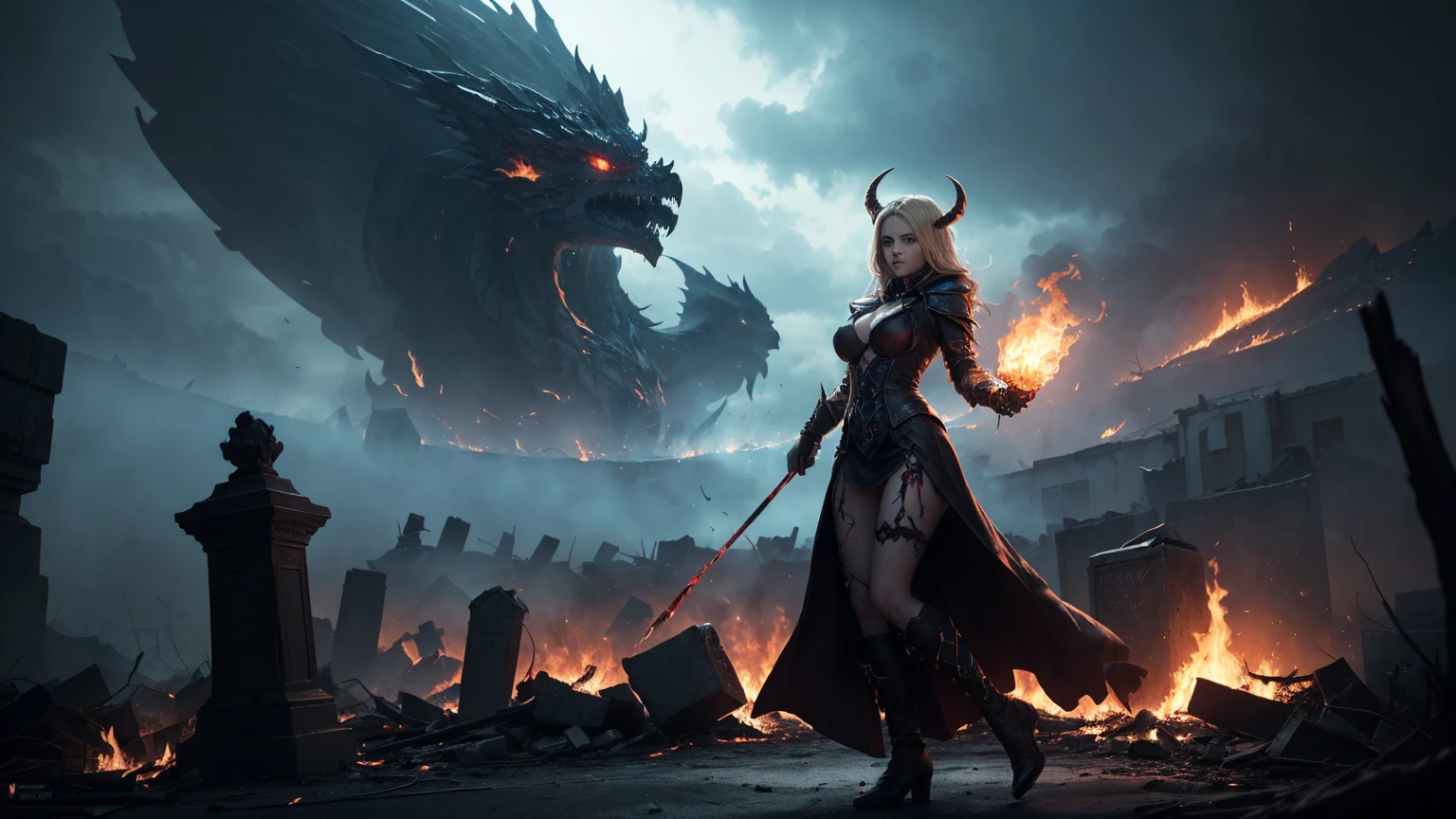 8k, top-quality, (pubic hair beauty)、hight resolution, realisticlying, realperson, A hero wearing glowing armor fighting black smoke and assimilated monsters、The hero is a woman in a building street where fire and smoke rise、The building is collapsing