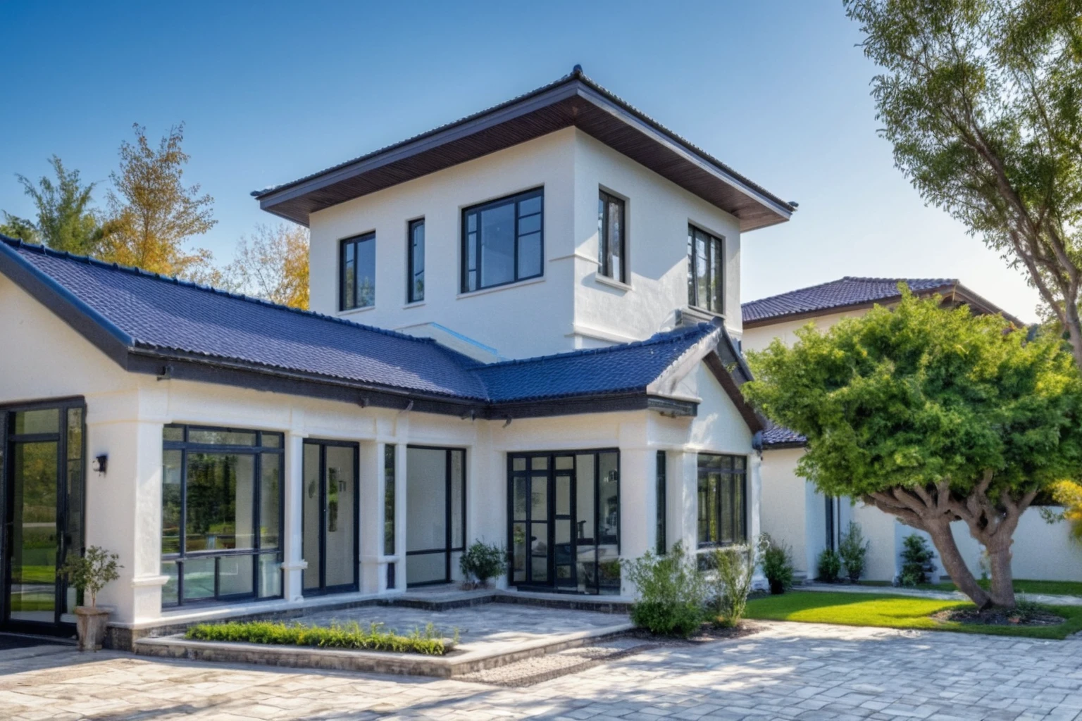(masterpiece:1.2), best quality, photo of A two-story modern house with white walls and dark blue tiles on the roof., tree and plant, streetcapes, natural light, vivid color, The exterior of an elegant single family home features large windows, a dark gray door frame.