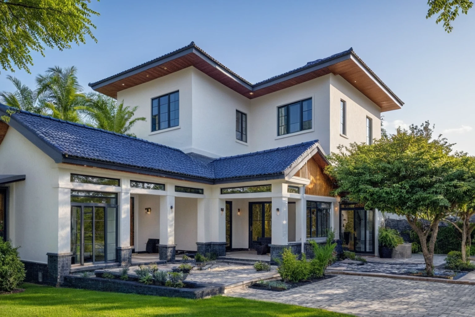 (masterpiece:1.2), best quality, photo of A two-story modern house with white walls and dark blue tiles on the roof., tree and plant, streetcapes, natural light, vivid color, The exterior of an elegant single family home features large windows, a dark gray door frame.