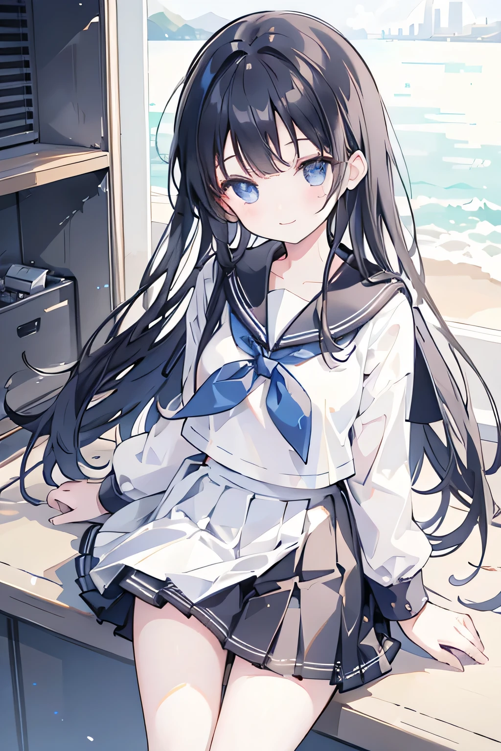 girl, Sailor suit, Pleated skirt with white frilled inner  pants, Skirt black、Looking up、smile、Long Black Hair