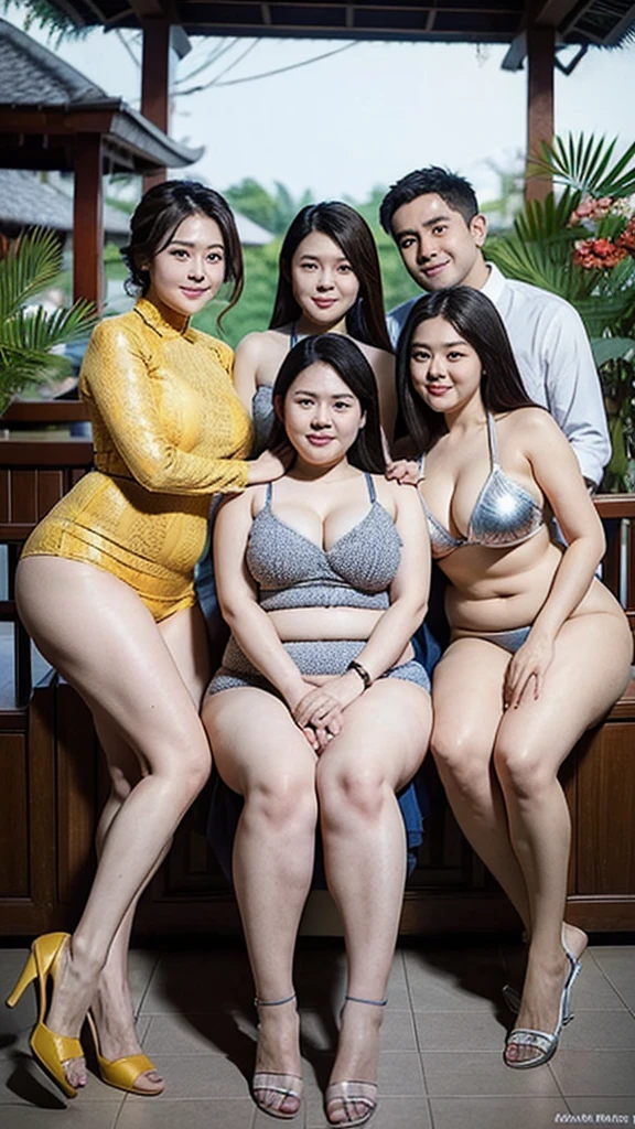 1 Family, Potrait of 3 wife Indonesian-chinese girl,1 Indonesian boy (24 years old(husband)), Harem (Polygamy),  fit body, bbw body,sexy model,curve body,shap body,smile, pake bikini,merah,ungu,kuning,biru,silver,oren, sedang di pante