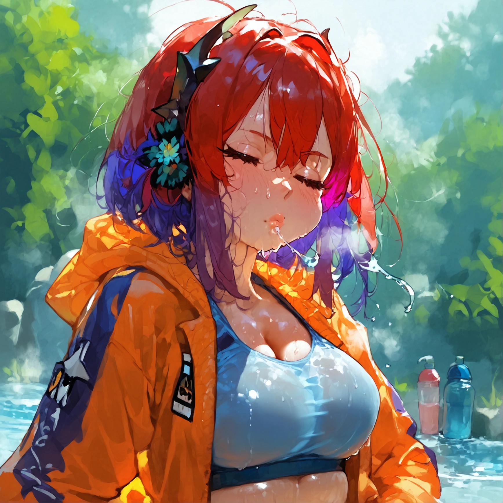 score_9, score_8_up, score_7_up, score_6_up,floox style,surtr, arknights, red hair,big breasts, sagging breasts,, , ,, jacket,, lips, , purple jacket, purple track suit, shiny, shiny skin, , , sportswear, standing, steam, steaming body, sweat, sweatdrop, track jacket, track pants, track suit,, outdoors, , (drinking:1.2),, , , closed eyes, solo, face close-up, water on face, holding water bottle , water splits on face, water on face, top view, spilling, water spilled on face