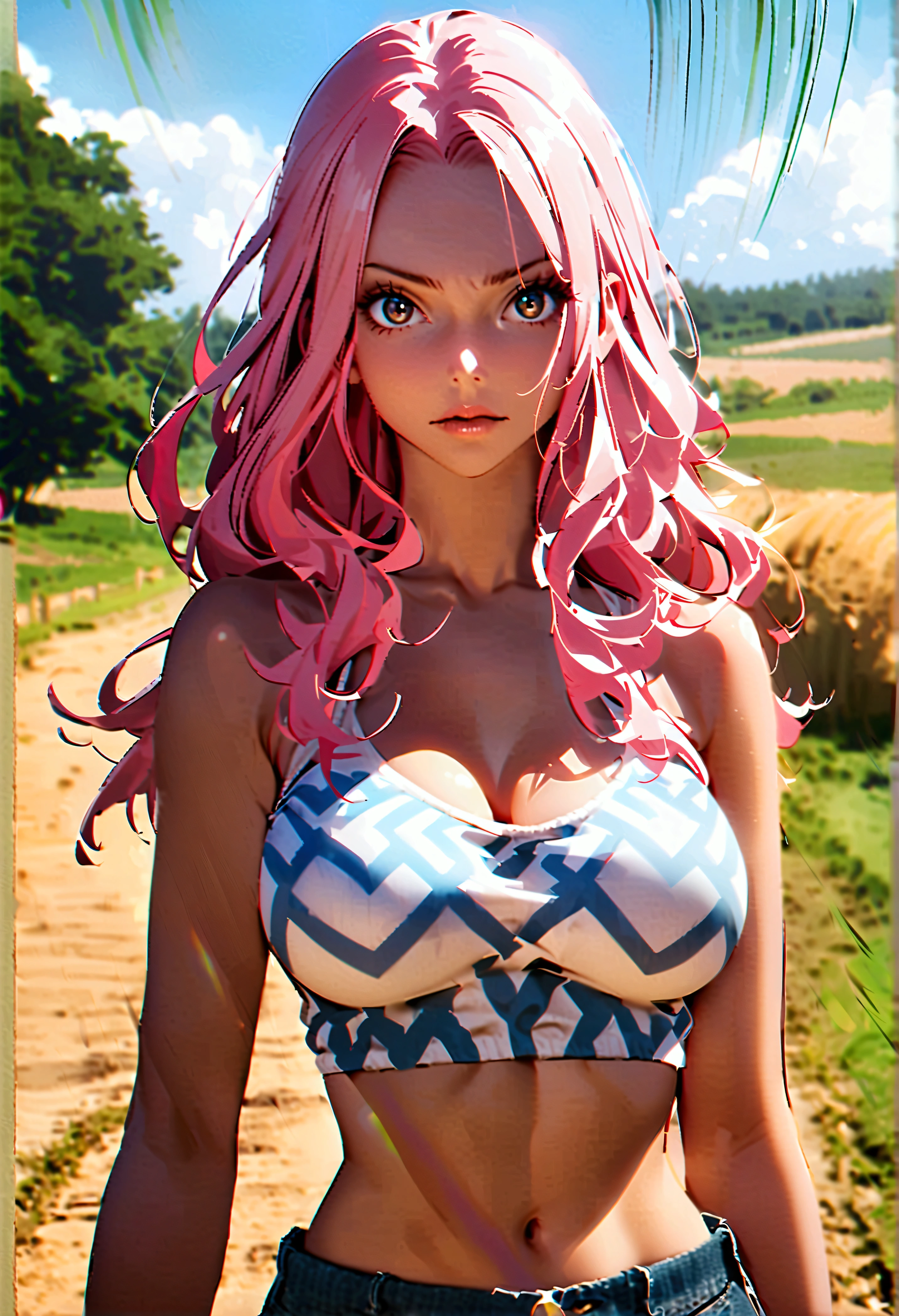 score_9、score_8_up、One woman、Athletic build、Hourglass-shaped body、Nefertari Bibi、one piece、Firm breasts、Cropped pink shirt、Denim shorts、Countryside