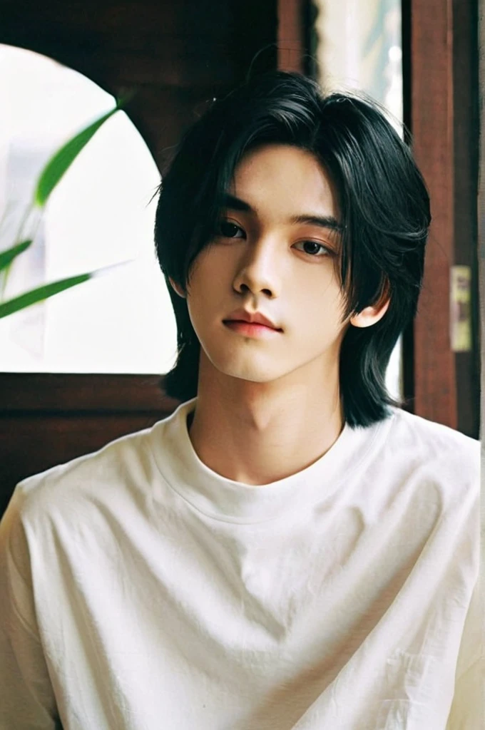 One boy、Young man with black hair(Mash Straight)((Long Hair)),With nape、Long enough to cover the earale K-Pop Idols、Levi Ackerman、Medium portrait、chop、Beautiful Model、Oval Face、Vivid、Cafe、(In a dark room)、The whole body is shown、((Full body photo))