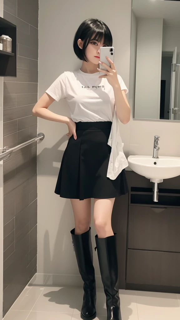 Selfie,Black Hair,short hair,White T-shirt,Cute Skirt,Black boots,Bathroom,Ultra HD,masterpiece,super high quality,Ultra-high resolution,Highest quality,Advanced,Highest quality,Highest Resolution,high quality,beautiful,beautiful,High quality,Realな質感,Real,8K,Detailed,