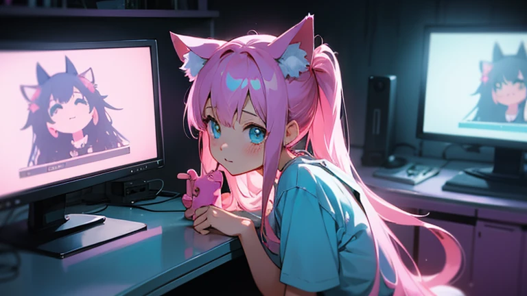 cute anime girl holding a pink video game controller in a room, anime catgirl, cute anime catgirl, anime girl with cat ears, flat anime style, nekomimi, lofi girl, catgirl, anime vibes, soft anime illustration, ddlc, girl with cat ears, anime style. 8k, pink twintail hair and cyan eyes, digital anime illustration, anime room with a computer, a desk, anime background art, background art, anime aesthetic, personal bedroom background,gaming girls bedroom background, kawaii aesthetic, anime background, lofi girl aesthetic, anime vibes, lofi artstyle, beautiful kawaii lighting, lo-fi illustration style, lofi aesthetic, interior background art, cute detailed digital art, glowing aesthetic