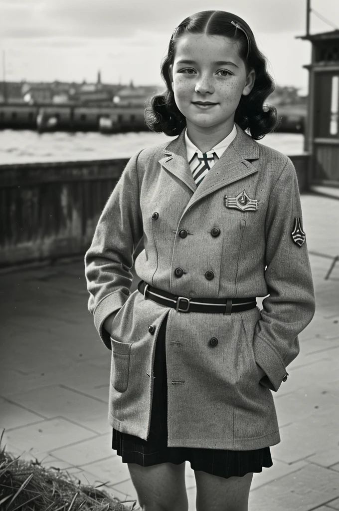 Saint-Malo, 1940. A little ((((12-year-old)) Marie-Laure LeBlanc)), freckles, with a radio transmitter, ((((clothings from the 1940s)))), ((dark hairstyle of the 1940s))