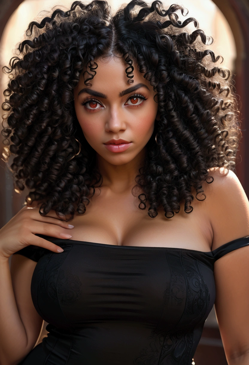 (masterpiece:1.2), (best quality), (ultra detailed), (8k, 4k, intricate),(half-body-shot:1), (highly detailed:1.2),(detailed background:1.2),((big breasts)),((frizzy Afro hair), An photo of a curvy woman with a black off shoulder shirt and curly hair, red eyes, curly bangs, curly middle part haircut, black curly hair, curly afro, long wild black curly hair, curly haired, black long curly hair, curly black hair, long black curly hair, her face framed with curls, short black curly hair, curly, profile image, curly hair, with afro