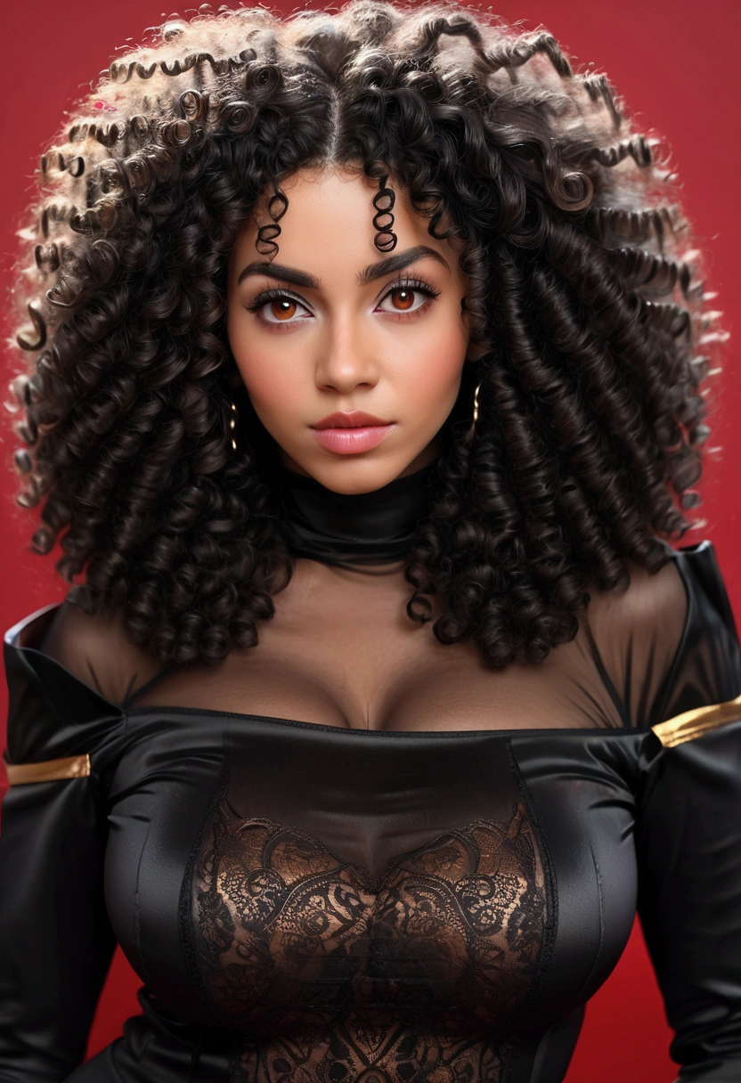 (masterpiece:1.2), (best quality), (ultra detailed), (8k, 4k, intricate),(half-body-shot:1), (highly detailed:1.2),(detailed background:1.2),((big breasts)),((frizzy Afro hair), An photo of a curvy woman with a black off shoulder shirt and curly hair, red eyes, curly bangs, curly middle part haircut, black curly hair, curly afro, long wild black curly hair, curly haired, black long curly hair, curly black hair, long black curly hair, her face framed with curls, short black curly hair, curly, profile image, curly hair, with afro