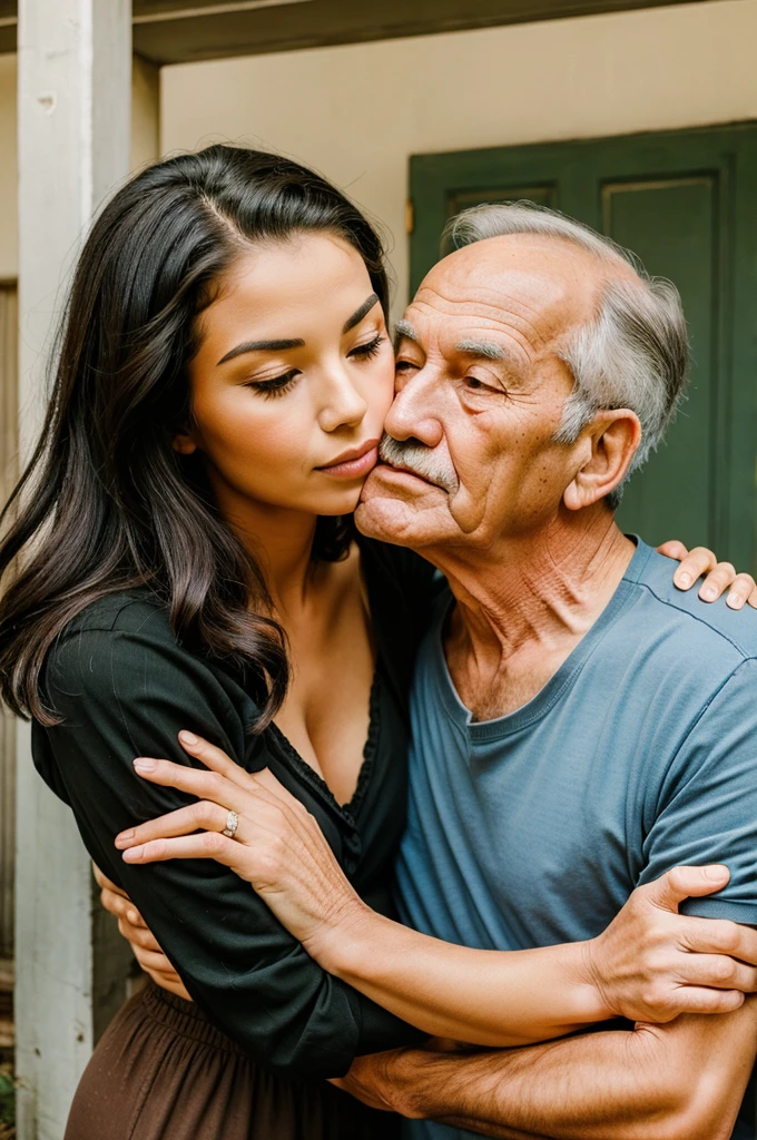 An old man from Turkey stands next to a beautiful, young and sexy girl, kisses her on the cheek, stand at full height, they are a happy couple, both are happy